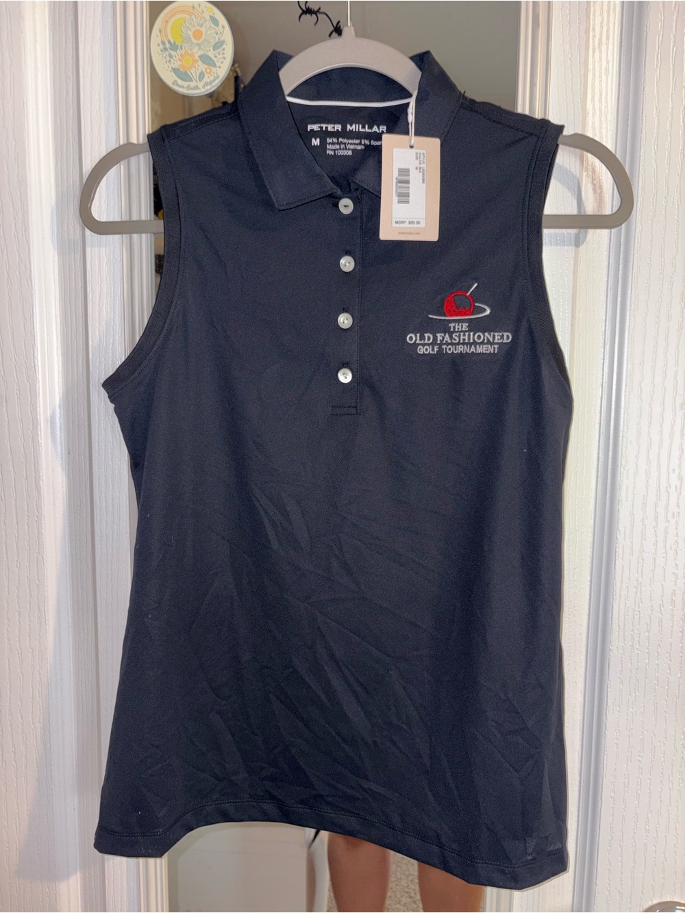 Peter Millar Navy Sleeveless Polo with Red Embroidery